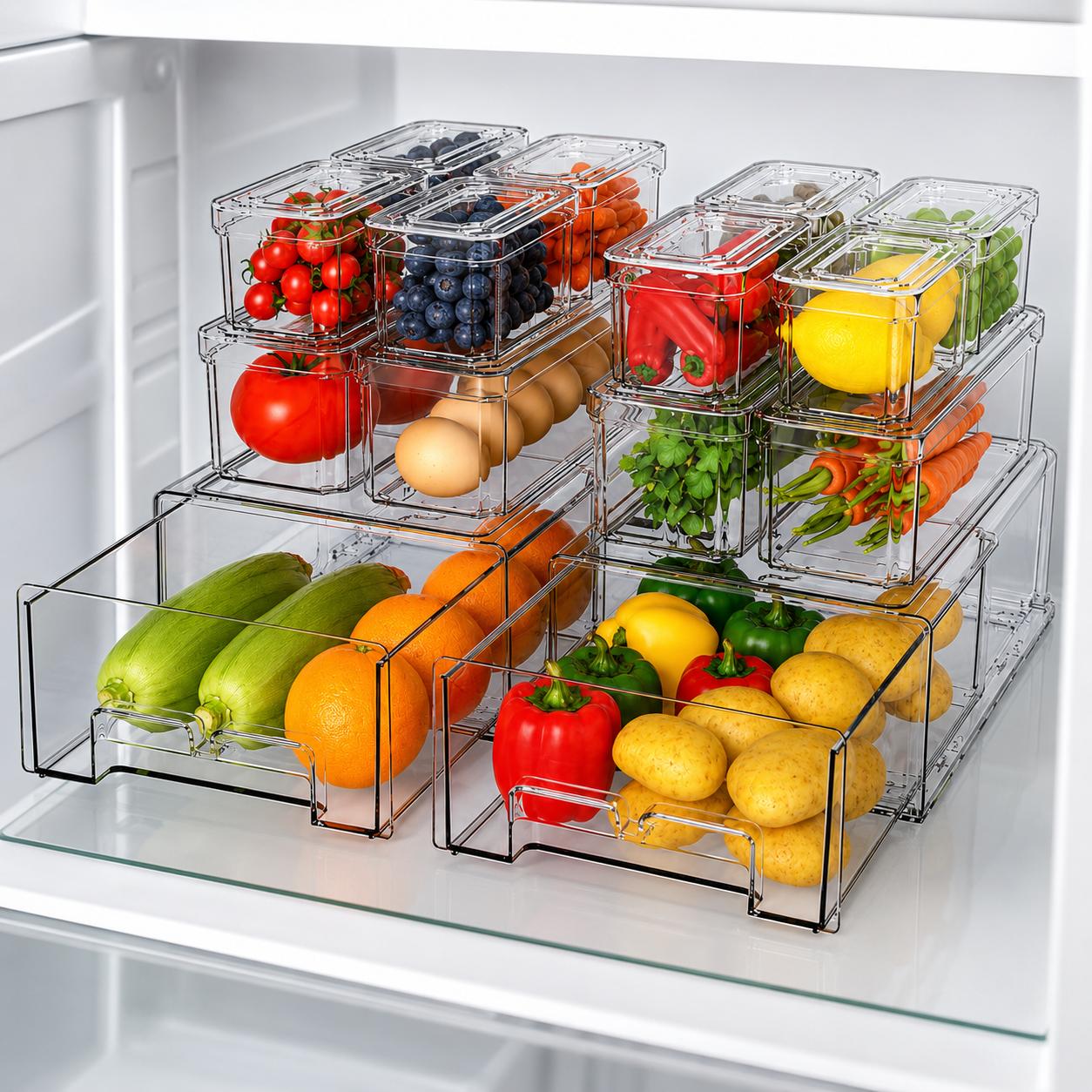 Food Storage Without Pantry - İstiflenebilir Buzdolabı Düzenleyici Kutuları, Kapaklı Şeffaf